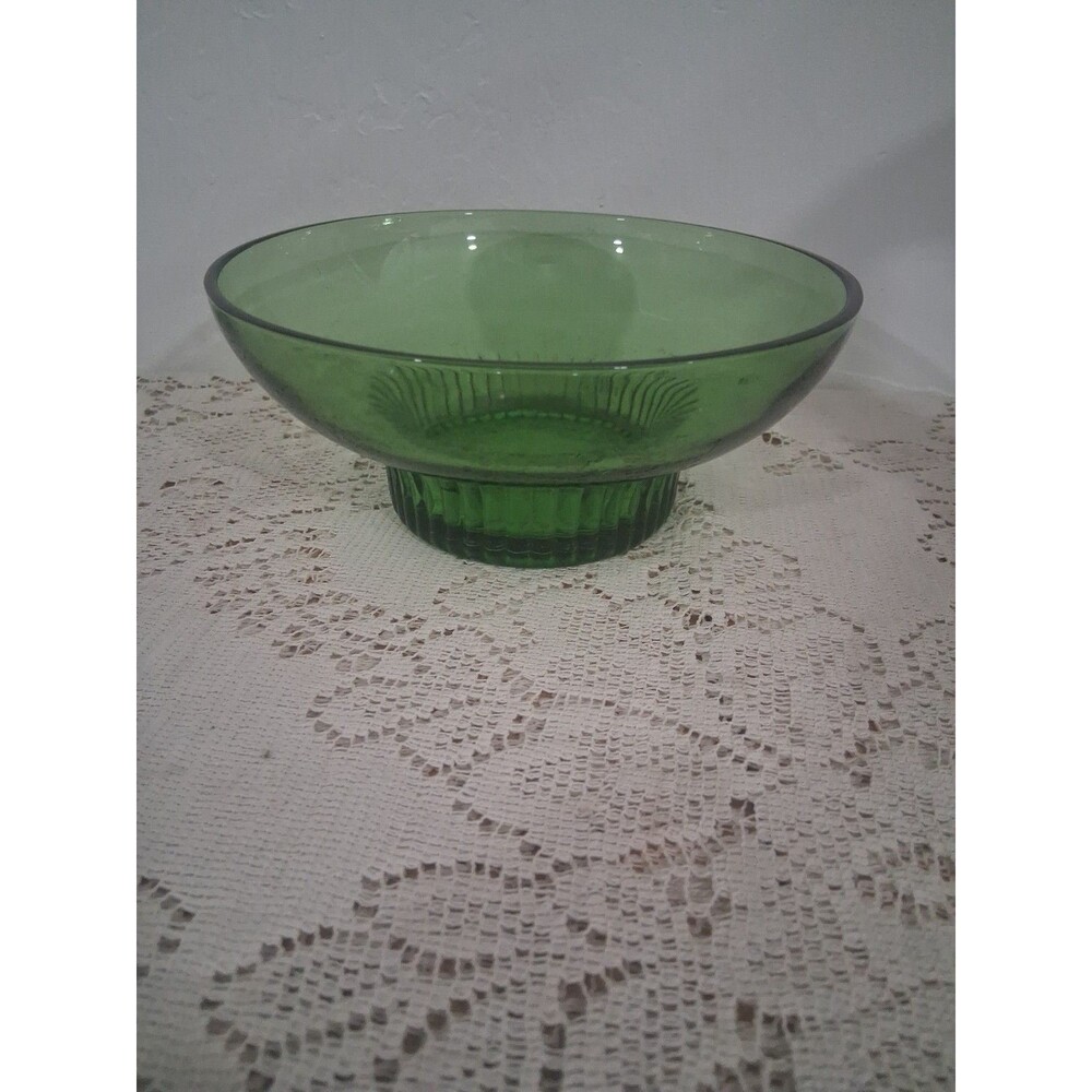 Vtg 50s 60s Green Glass Round Pedestal Bowl with Ribbed Base Candy Dish Randall